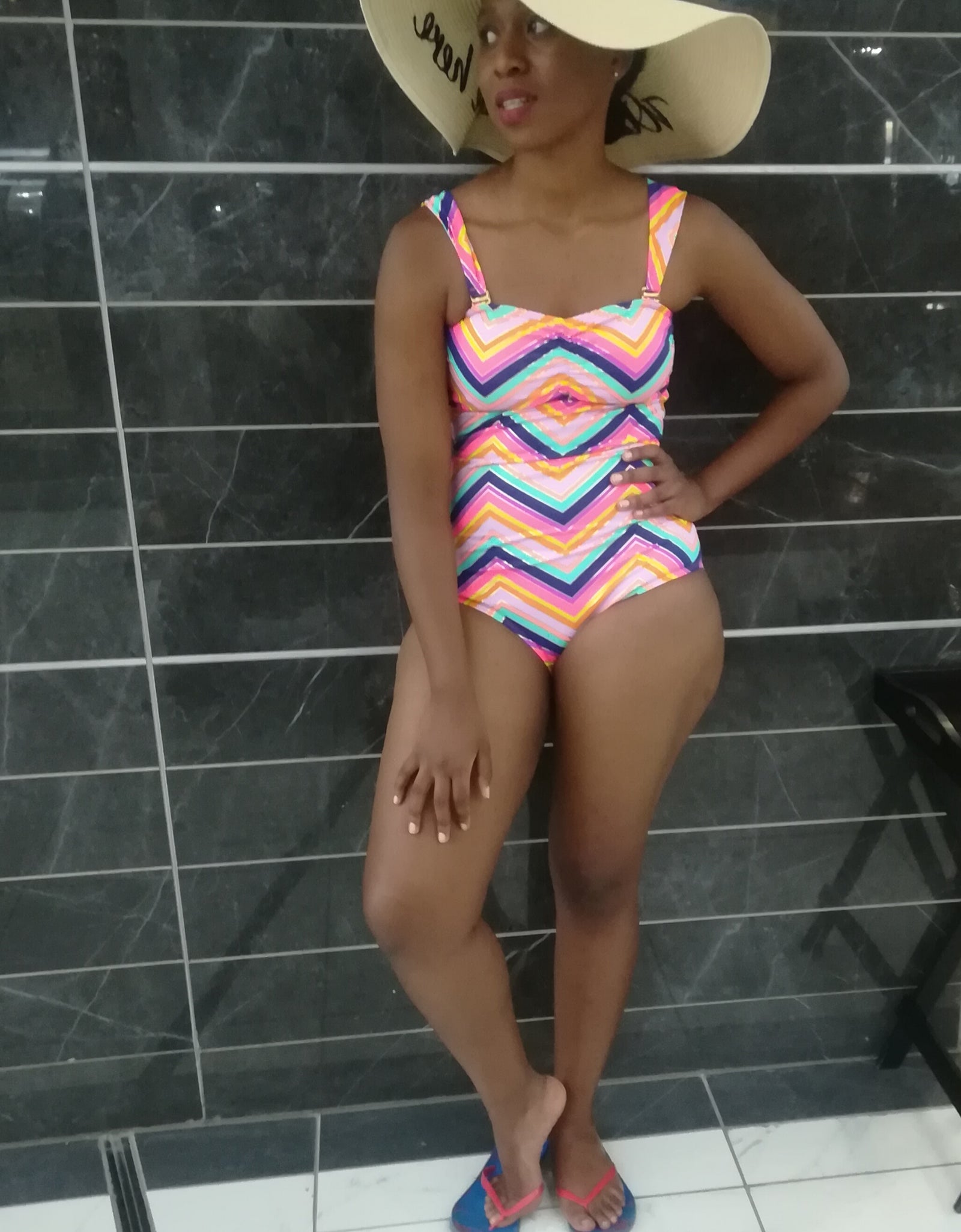 Wide Strap, Multi-colour, Full Swimsuit with Back Peep-hole